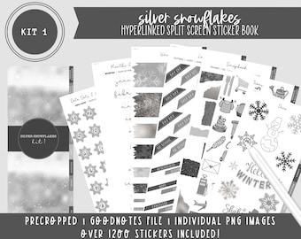 Kit 1 Digitaal stickerboek | Zilveren sneeuwvlokken | Meer dan 1200 stickers | Voorgesneden stickers | Goodnotes-bestand | Individuele PNG-afbeeldingen |