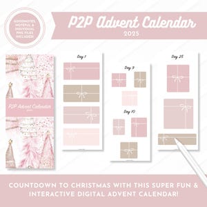 May include: Digital advent calendar with a pink and beige color scheme. The design includes gift box illustrations for each day, with the text "P2P Advent Calendar 2025". The image also includes the text "Countdown to Christmas with this super fun & interactive digital advent calendar!"