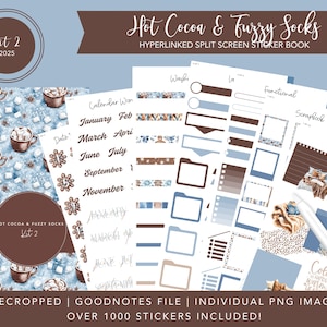May include: A digital sticker book with over 1000 stickers featuring a winter theme of hot cocoa and fuzzy socks. The sticker book includes a calendar, washi tape, functional stickers, scrapbook elements, and decorative stickers. The stickers are precropped and come in a Goodnotes file.