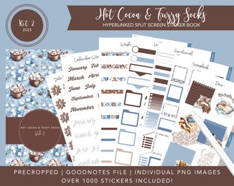 2025 Kit 2 stickerboek met gesplitst scherm | Sokken met warme cacao en pluizige sokken | Winterstickers | 1000+ digitale stickers | Voorgesneden | Goodnotes