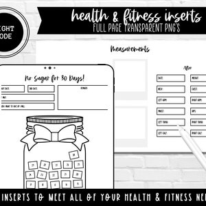 May include: Black and white printable planner page with the text "No Sugar for 30 Days!" and a jar with a bow on top. The page also includes a section for measurements with labels for "Before" and "After" and spaces to write in measurements for neck, chest, left arm, right arm, waist, hips, left thigh, right thigh, left calf, and right calf.