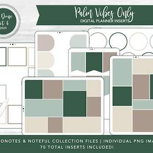 May include: Digital planner inserts with a green, beige, and brown color scheme. The image includes several digital tablets with various layouts, including geometric shapes and blank spaces. Text includes "Palm Vibes Only" and "To Do Kit 6 2025".