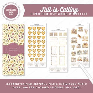 May include: A digital sticker book titled Fall is Calling September 2026 Kit 1, featuring a cover with autumn leaves, a calendar page with heart-shaped date stickers, a labels page, and a deco page with seasonal illustrations and a stylus.