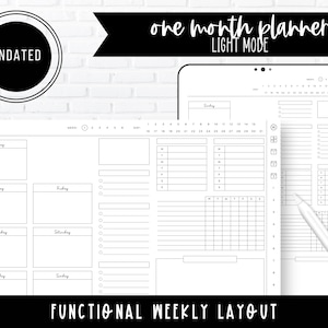 以下が含まれることがあります： 「one month planner」と「LIGHT MODE」のテキストが書かれた白黒の印刷可能なプランナー。プランナーは、月曜日から日曜日までのセクション、月間カレンダー、メモセクションを備えた週間レイアウトになっています。プランナーは日付が記入されていません。