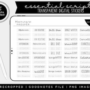 May include: A digital planner sticker sheet with white text on a transparent background. The sheet includes stickers with the words "Afternoon", "AM Routine", "Bill Due", "Binge Watch", "Cancelled", "Appointment", "Brain Dump", and "Celebrate".