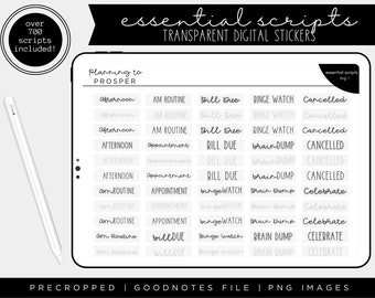 Essential Script Stickers | Over 700 Transparent Script Stickers | Pre-Cropped Digital Stickers | Goodnotes File | Individual PNG Images |