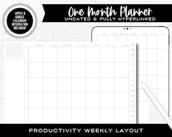 Digitale planner voor één maand | Productiviteit wekelijkse lay-out | Ongedateerd en volledig hyperlinks | Apple + Google Agenda-integratie inbegrepen!