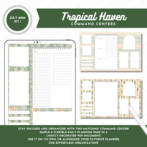 Peut inclure: Un kit de centre de commande numérique Tropical Haven pour juillet 2026 comprenant des pages de planification quotidienne avec des sections lignées, des cases à cocher et des espaces rectangulaires. Motifs botaniques en vert, orange et crème.