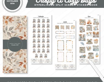 May include: A digital sticker book titled Crispy & Cozy Days November 2026, featuring a hyperlinked split screen layout with calendar dates, labels, and decorative autumn-themed illustrations in orange, brown, and gray tones.