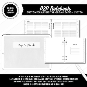 May include: Digital notebook with the text "My Notebook" on a tablet, and open pages with ring binder. The text "P2P Notebook" and "Customizable Digital Organization System" are at the top. The text "A Simple & Modern Digital Notebook" is at the bottom.