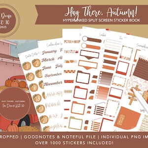 May include: A digital sticker book with an autumn theme. The design includes calendar dates, labels, and scrapbook elements in shades of orange, brown, and cream. The text "Hay There, Autumn!" is displayed, along with the words "Precropped" and "Over 1000 Stickers Included!"