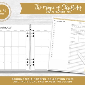 Op de afbeelding: Digitale plantabbladen met een goud en wit ontwerp. De planner bevat een kalender voor december 2025, een dagschema en takenlijsten. De tekst "The Magic of Christmas" en "DIGITAL PLANNER TABS" worden weergegeven.
