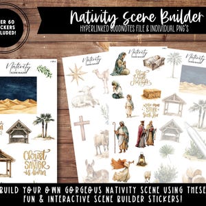 Peut inclure: Un ensemble d'autocollants numériques pour créer une scène de la Nativité. Les autocollants présentent des illustrations de l'histoire de la Nativité, y compris le bébé Jésus, Marie, Joseph, les trois mages, des anges et des animaux. Les autocollants sont conçus pour être utilisés dans les planificateurs numériques, les notes et autres documents numériques.