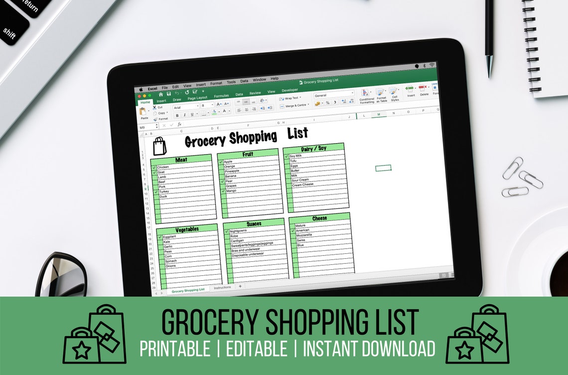 Grocery Shopping List Excel Template Weekly Meal Planner Etsy