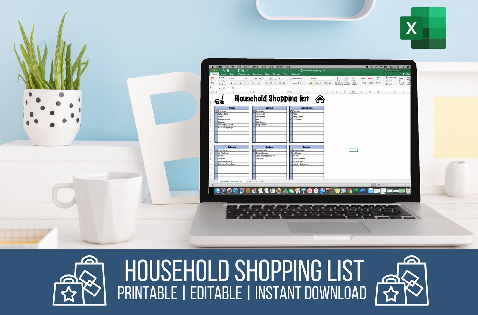 Household Shopping List Excel Template Weekly Meal Planner Etsy