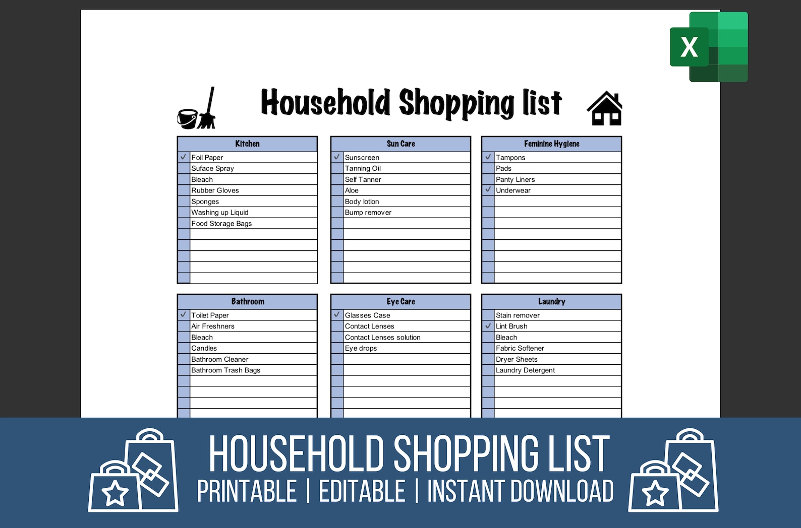 Household Shopping List Excel Template Weekly Meal Planner Etsy