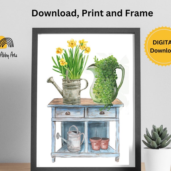 The Potting Table / DOWNLOADABLE Print / for Gardening Enthusiasts / Greens and Grays / Download, Print, Frame... enjoy