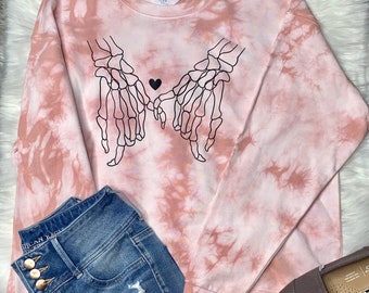 VALENTINE'S DAY Themed Long Sleeve Women's Sweater with Skeleton Skelly Hands Holding Linking Pinkies with Small Heart