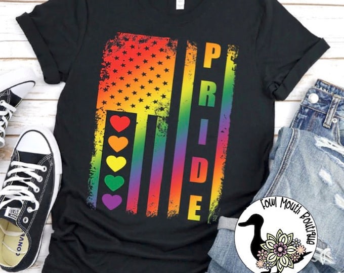 PRIDE Colorful Flag with Hearts Peace Love Equality LGBTQ+ Graphic T-Shirt