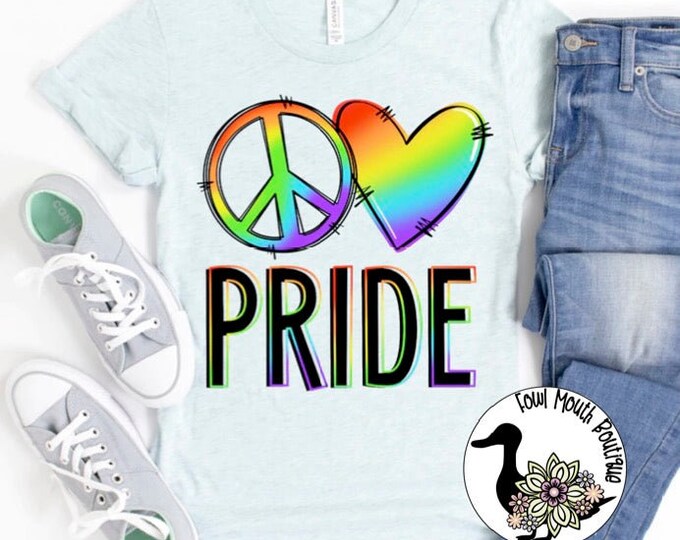 PRIDE Peace Sign Love Rainbow Heart LGBTQ+ Unisex Graphic T-Shirt
