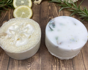 Soothing LEMON ROSEMARY scent Mango Butter and Cocoa Butter Body or Hand Soap Bar with Naturally Grown Loofah Sulfate and Paraben Free Vegan