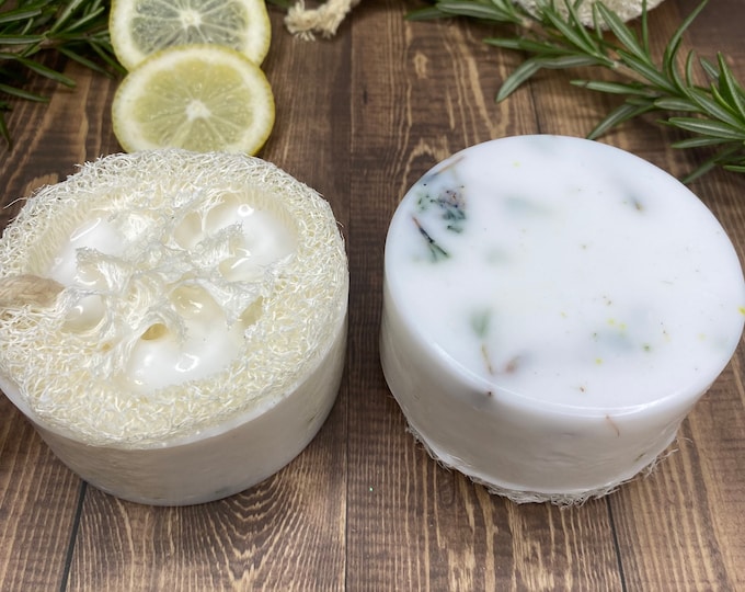 Soothing LEMON ROSEMARY scent Mango Butter and Cocoa Butter Body or Hand Soap Bar with Naturally Grown Loofah Sulfate and Paraben Free Vegan