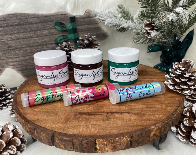 Bundle of 3 Lip Balms Plus Lip Scrub Egg Nog Gingerbread Candy Cane CHRISTMAS Gift Set