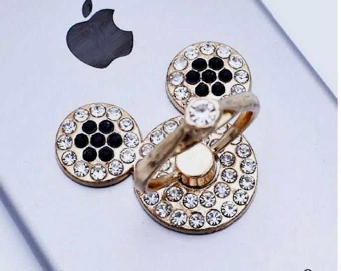 Gold Mickey Mouse Inspired Phone Ring with White and Black Accent Rhinestone Ears