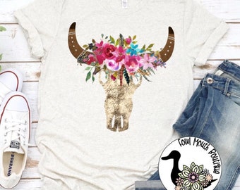 Boho Cow Skull with Flowers T-Shirt