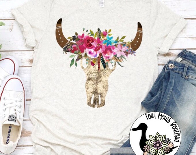 Boho Cow Skull with Flowers T-Shirt