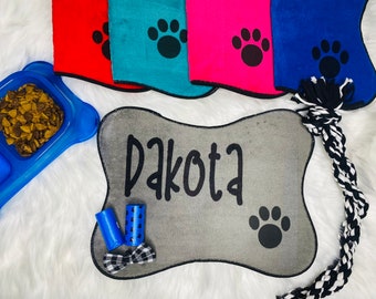 PERSONALIZED Dog Puppy Placemat Soft Padded Anti-Slip Washable with Doggie Poop Bags and Rope Toy Bowl