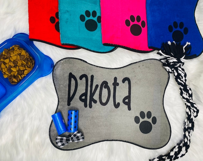 PERSONALIZED Dog Puppy Placemat Soft Padded Anti-Slip Washable with Doggie Poop Bags and Rope Toy Bowl