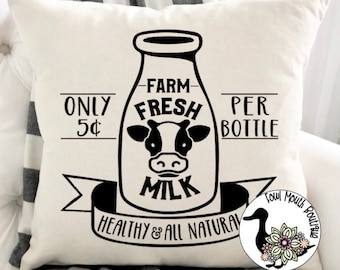 Farm Fresh Milk Vintage Milk Bottle with Cow Pillow Country Farmhouse Cover 16" x 16" 18"x18"
