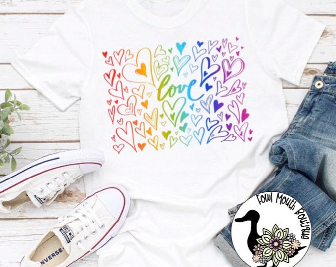 PRIDE Love and Colorful Hearts Rainbow Peace Love Equality LGBTQ+ Graphic T-Shirt