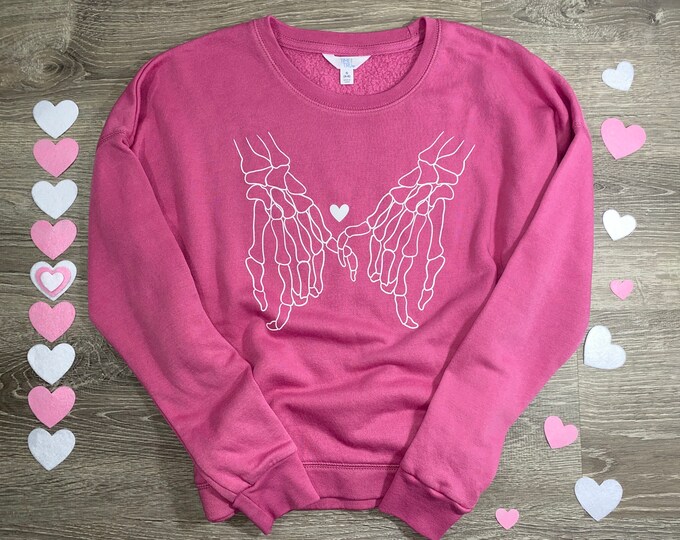 VALENTINE'S DAY Themed Long Sleeve Women's Sweater with WHITE Skeleton Skelly Hands Holding Linking Pinkies with Small Heart