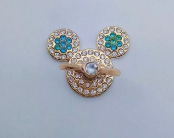 Gold Mickey Mouse Inspired Phone Ring with White and Teal Accent Rhinestone Ears