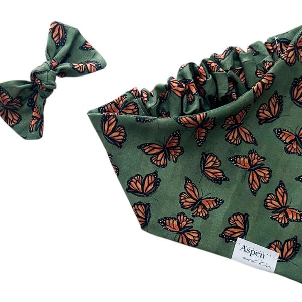 Monarch Butterfly Dog Bandana | Olive Slip-On Dog Scarf | Butterfly Dog Bandana | No Tie Dog Bandana | Handmade Dog Gift