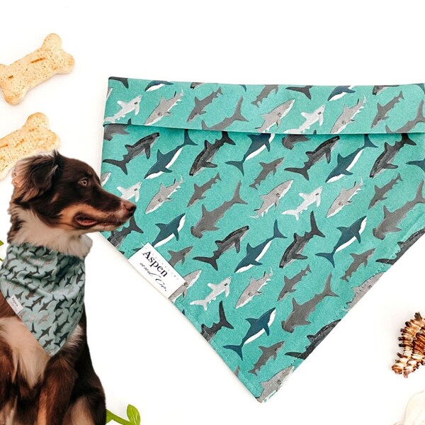 Sharks Dog Bandana - Set Sail - Beach Dog Bandana, New Puppy Bandana, Dog Scarf, Sharks Bandana, Tie on, Snap on Dog Bandana