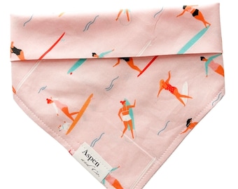 Surfer Girl Dog Bandana – Pink Beach Dog Scarf, Dog Mom Gift, Summer Pet Bandana, Personalized Dog Bandana, Snap & Tie-On Bandana