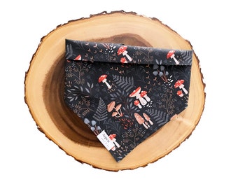 Puede incluir: Bandana negra con un patrón de setas y helechos. La bandana tiene un diseño de setas rojas y blancas con helechos verdes sobre un fondo negro. La bandana tiene una etiqueta blanca con el texto "Aspen" en ella.