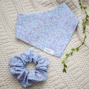 Floral Scrunchie Dog Bandana – Blue Cottagecore Dog Bandana | Optional Matching Hair Bow or Scrunchie