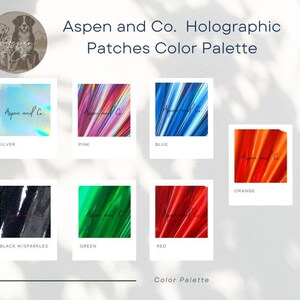 Aspen and Co. Holographic Patches Color Palette. The color palette has seven swatches of holographic fabric in the following colors: silver, pink, blue, orange, black with sparkles, green, red.