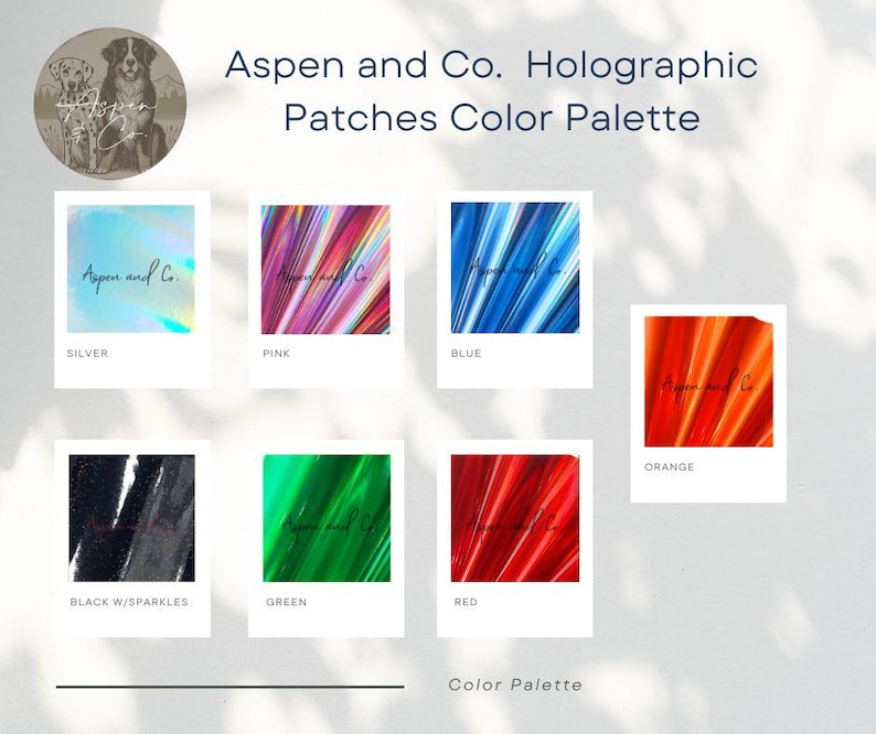Aspen and Co. Holographic Patches Color Palette. The color palette has seven swatches of holographic fabric in the following colors: silver, pink, blue, orange, black with sparkles, green, red.