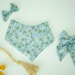 Blue Floral Dog Bandana, Matching Pet Bow Tie & Hair Bow | Spring Summer Dog Accessories | Fall Dog Bandana