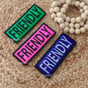 May include: Three rectangular patches with the word "FRIENDLY" in white, each with a different colored border: green, pink, and blue. The patches are on a woven mat with wooden beads and a decorative rope.