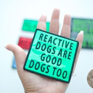 This picture shows the green square patch with black embroidered text that reads 'Reactive Dogs Are Good Dogs Too'.