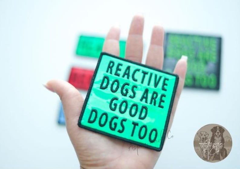 This picture shows the green square patch with black embroidered text that reads 'Reactive Dogs Are Good Dogs Too'.