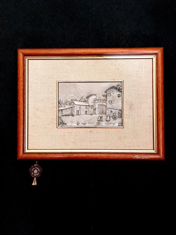 Panneau Cadre Ancien En étain - Portrait De Dame - Peinture Vintage Argentée