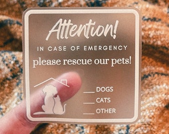 Pet Emergency Rescue Sticker, Save Our Pets, Dog or Cat Rescue, Fire Rescue, Pet Safety, Pet First Aid, window decal, In case of emergency