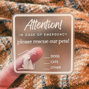 Pet Emergency Rescue Sticker, Save Our Pets, Dog or Cat Rescue, Fire Rescue, Pet Safety, Pet First Aid, window decal, In case of emergency